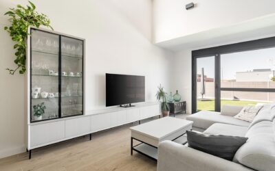 Mueble de salón con vitrina y tv